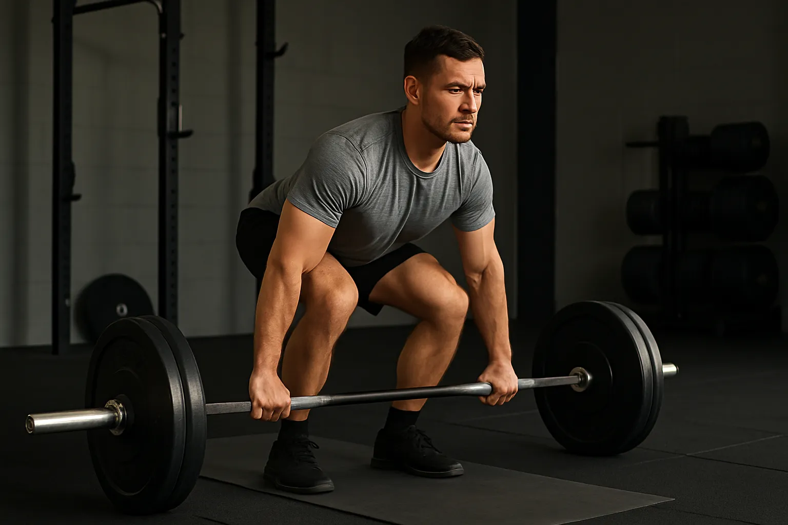 Athlete performing a classic lift (e.g., squat, deadlift, overhead press) with strong form and focus in a gym setting