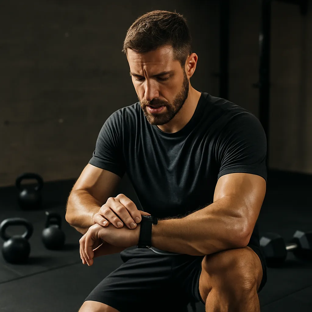 Athlete checking a timer or stopwatch mid-workout, surrounded by kettlebells, dumbbells, or functional fitness equipment