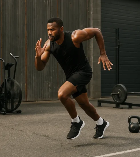 Athlete running or strength exercises in an outdoor or industrial gym setting, showcasing versatility and intensity.