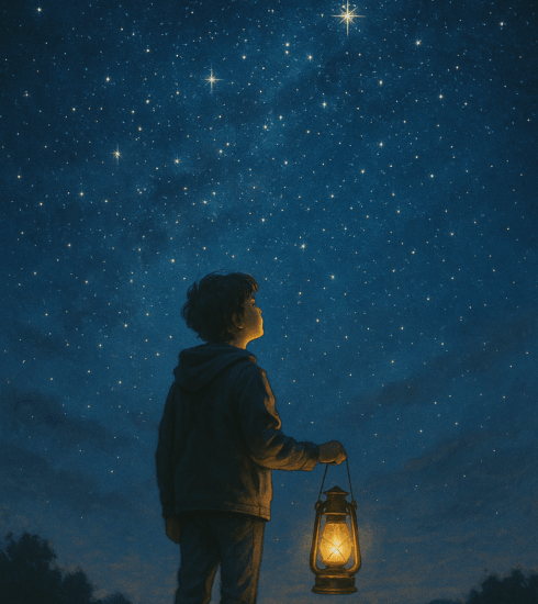 A young person holding a lantern gazes up at a vast, starry night sky, symbolising curiosity, intelligence, and the search for answers