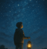 A young person holding a lantern gazes up at a vast, starry night sky, symbolising curiosity, intelligence, and the search for answers