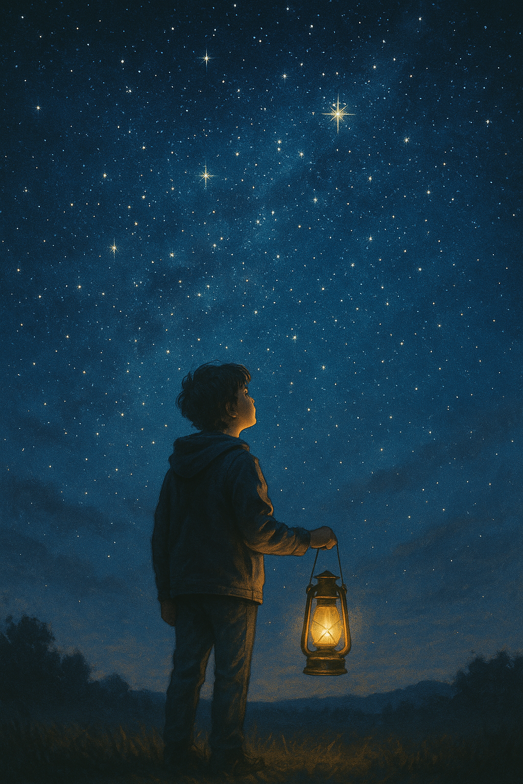 A young person holding a lantern gazes up at a vast, starry night sky, symbolising curiosity, intelligence, and the search for answers