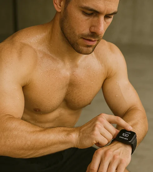 Athlete reviewing data on a smartwatch or app post-workout, with gym or outdoor setting in the background