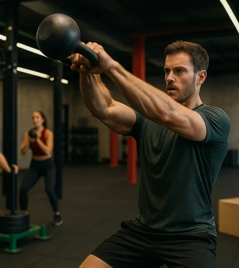 Athlete performing functional movements (e.g. kettlebell swings, sled pushes, or box jumps) in a vibrant, modern gym setting with others training in the background