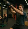 Athlete performing functional movements (e.g. kettlebell swings, sled pushes, or box jumps) in a vibrant, modern gym setting with others training in the background