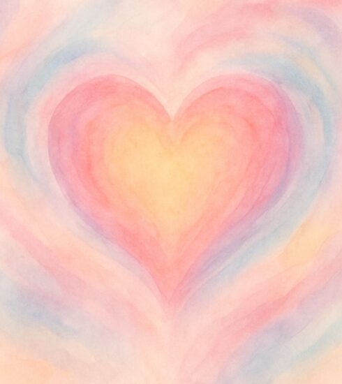 A soft pastel watercolor heart with glowing warm tones at its centre, symbolising gentleness and strength