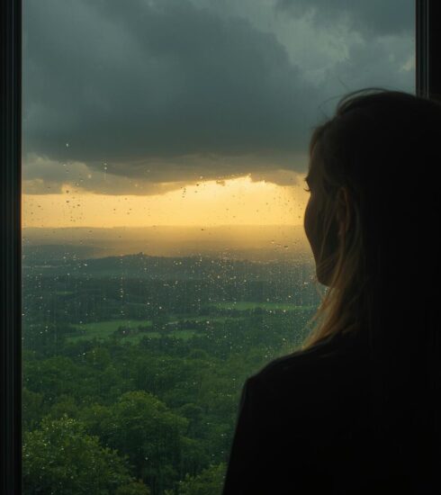 A contemplative woman stands at a window, watching the contrast of storm and sunlight, reflecting the changeable nature of emotions