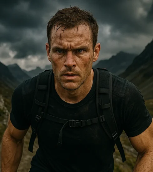 Focused athlete or adventurer in a mentally demanding moment mid-race, mid-climb, or mid-training against a dramatic outdoor or gym backdrop