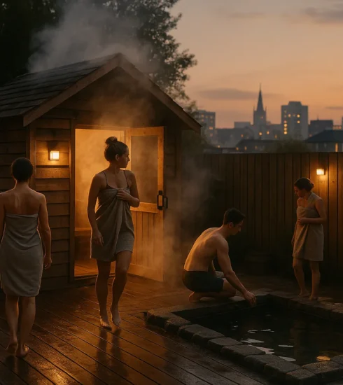 Atmospheric urban sauna scene timber sauna structure with steam rising, people moving between sauna and cold plunge, cityscape in the background, early evening light