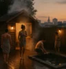 Atmospheric urban sauna scene timber sauna structure with steam rising, people moving between sauna and cold plunge, cityscape in the background, early evening light