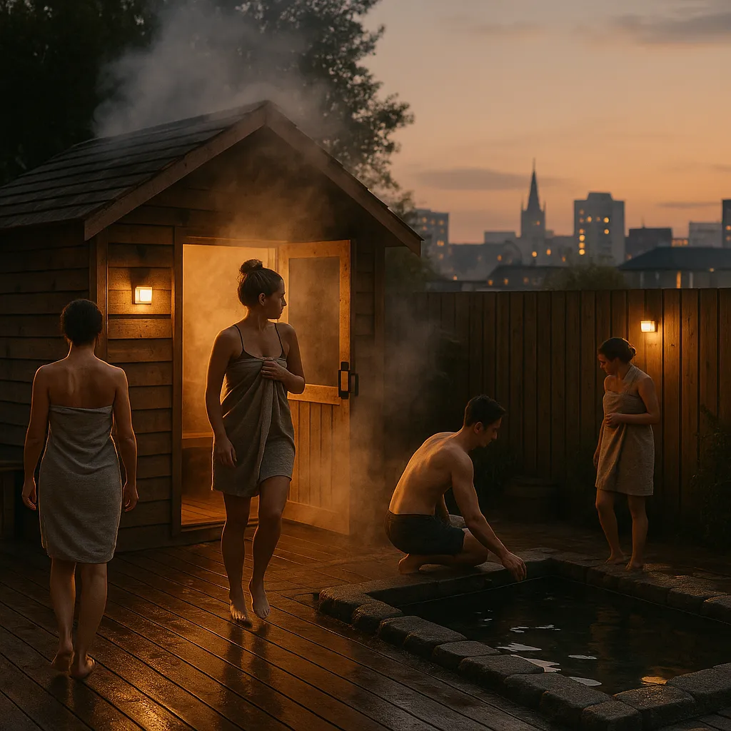 Atmospheric urban sauna scene timber sauna structure with steam rising, people moving between sauna and cold plunge, cityscape in the background, early evening light