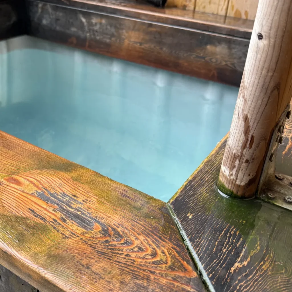 Atmospheric urban sauna scene—timber sauna structure with steam rising, people moving between sauna and cold plunge, cityscape in the background, early evening light