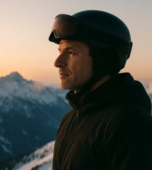 A serene portrait of a former Olympic skier gazing across a snowy mountain range at sunrise