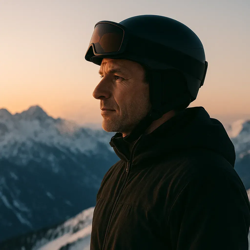A serene portrait of a former Olympic skier gazing across a snowy mountain range at sunrise