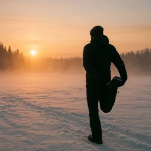 Calm winter landscape with a lone athlete stretching in snow gear at sunrise - Mist rising, soft morning light