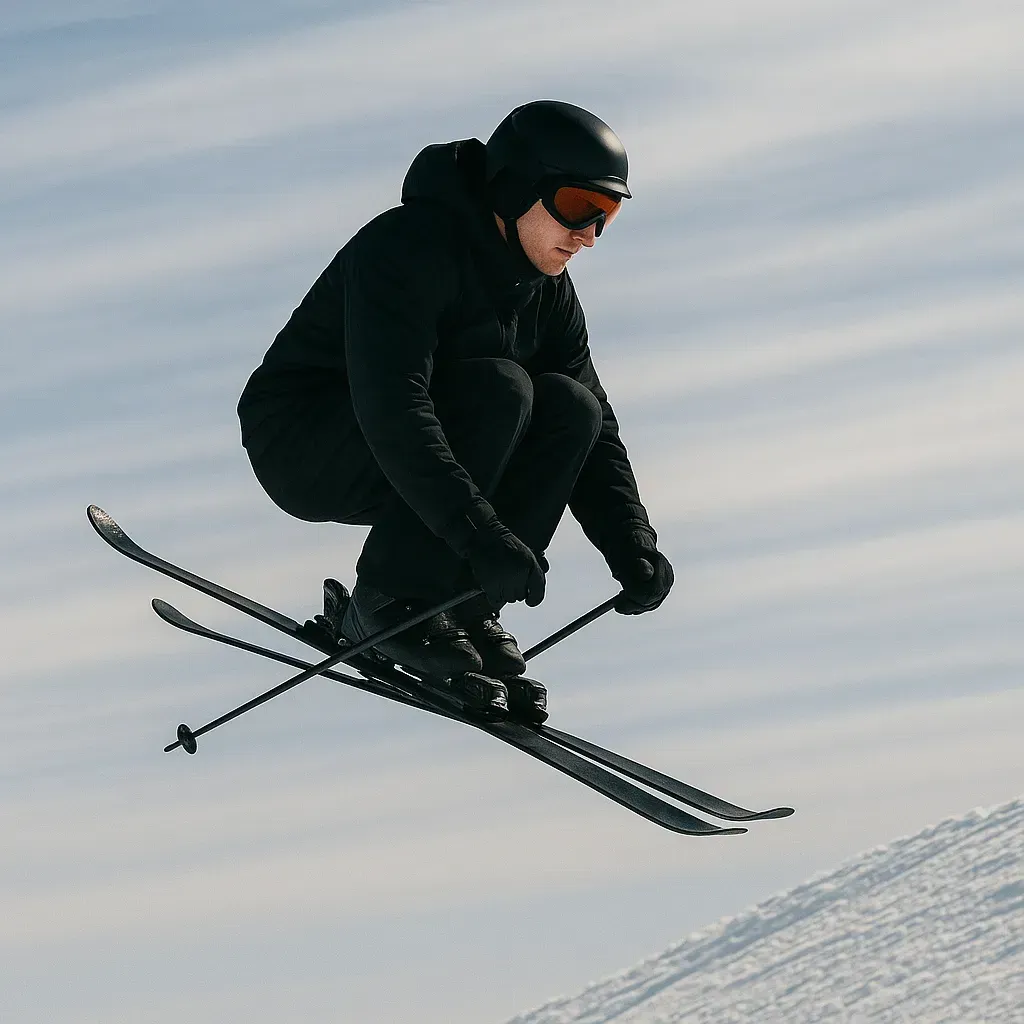 A freestyle skier mid-air above a snow ramp, frozen in perfect balance. The background is a blur of white and blue