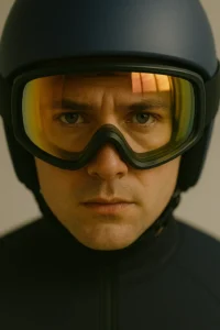 Close-up of skier’s eyes behind reflective goggles, reflection showing the ski ramp below