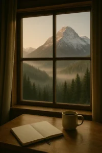 A calm mountain scene viewed from a ski lodge window, early morning light filtering in. A notebook and coffee sit on the table