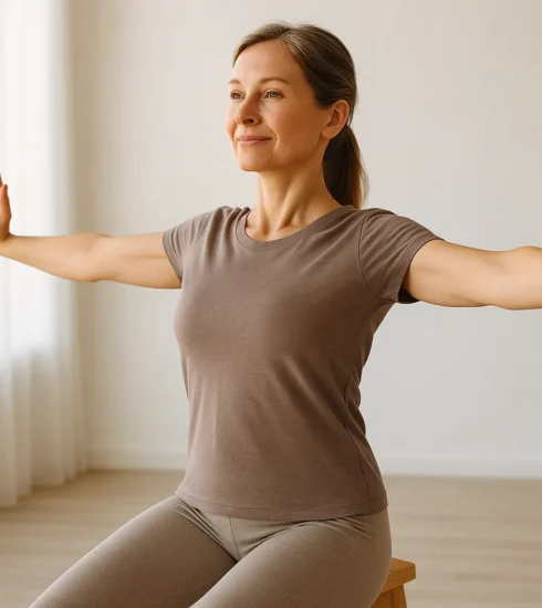 A wellness-focused adult performing posture exercises in a natural-light studio—seated or standing tall, with arms extended in a scapular squeeze, soft background