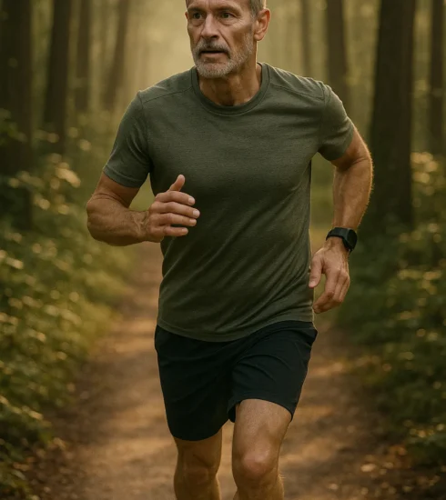 Mature athlete running through forest trail in soft morning light, strong posture, sense of flow and vitality, symbolic of long-term health and endurance