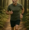Mature athlete running through forest trail in soft morning light, strong posture, sense of flow and vitality, symbolic of long-term health and endurance