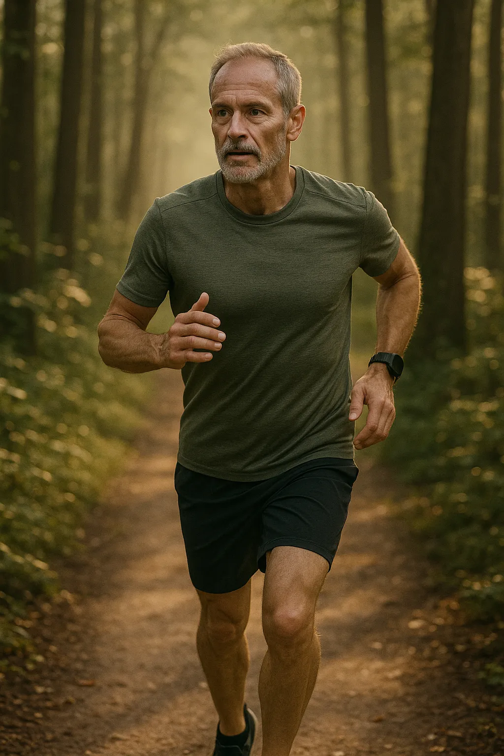Mature athlete running through forest trail in soft morning light, strong posture, sense of flow and vitality, symbolic of long-term health and endurance