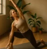 Person moving fluidly through a morning mobility flow in soft natural light, barefoot, calm expression, studio setting with plants and warm tones