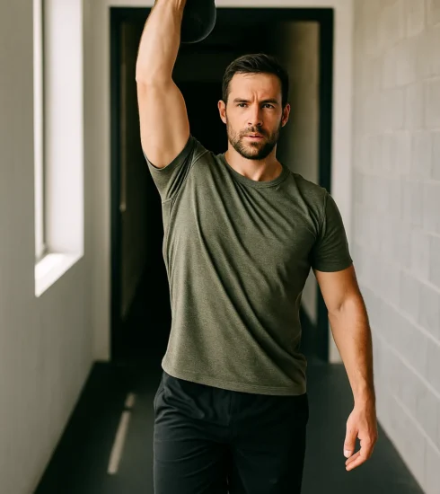 Athlete performing overhead kettlebell carry, walking in gym corridor, focused expression, strong posture, natural light highlighting shoulder and core engagement