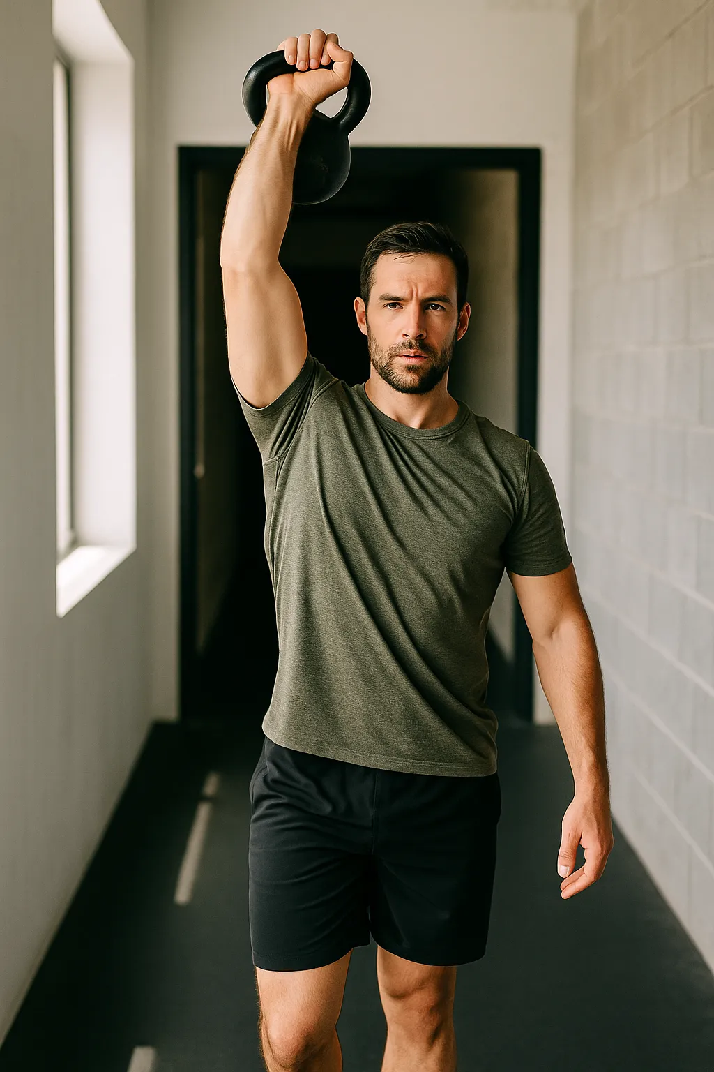 Athlete performing overhead kettlebell carry, walking in gym corridor, focused expression, strong posture, natural light highlighting shoulder and core engagement