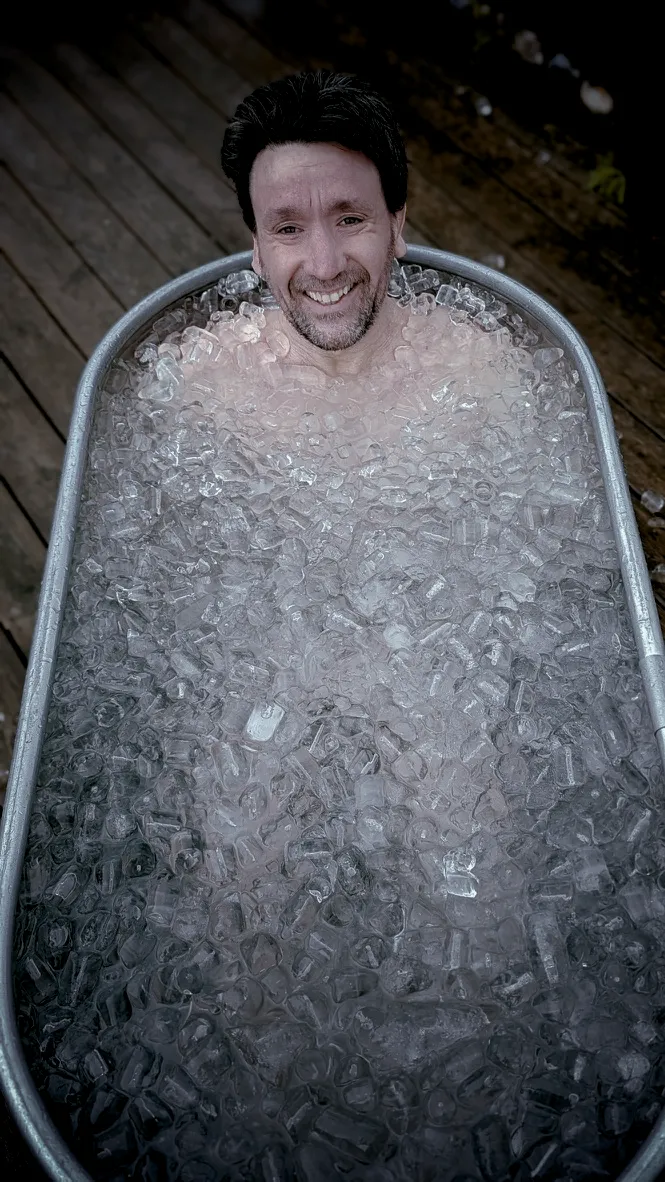 Richard shoulder deep in Ice Bath at WIM Hoff Session