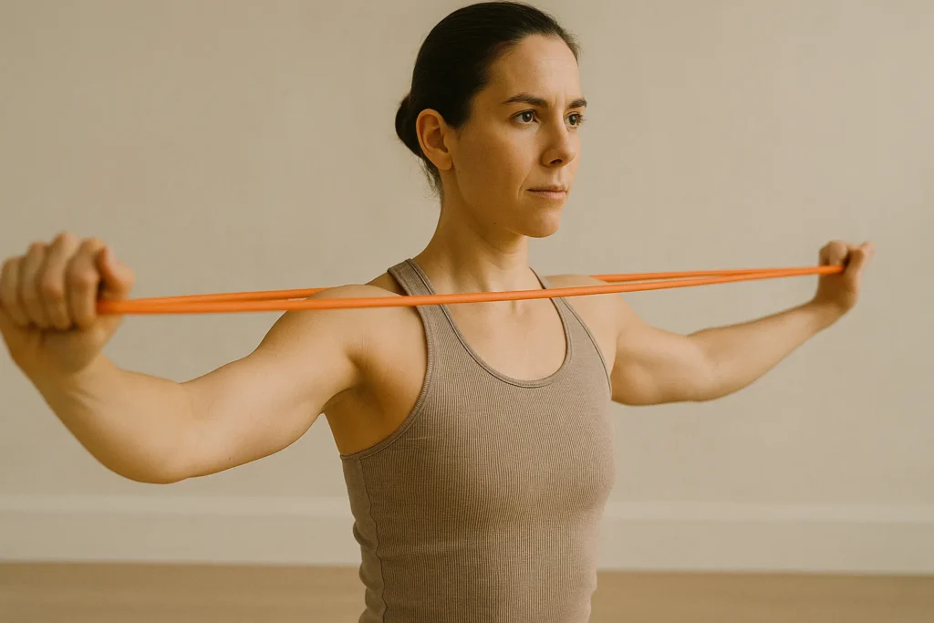 Athlete performing controlled shoulder rotations using a resistance band, focus on range and stability