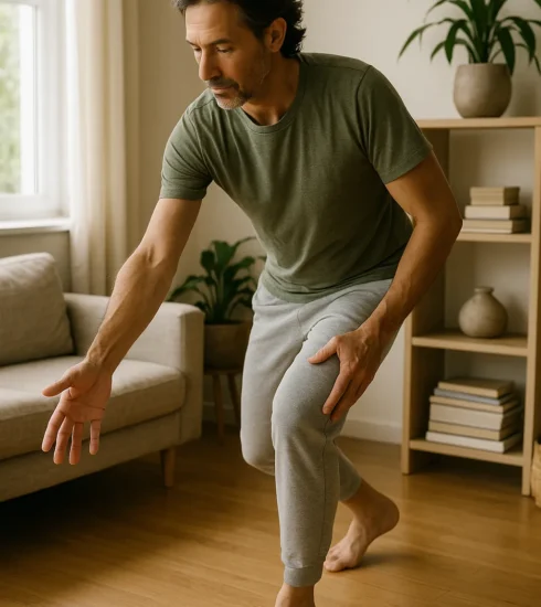 Adult moving through daily tasks with awareness bending, reaching, walking