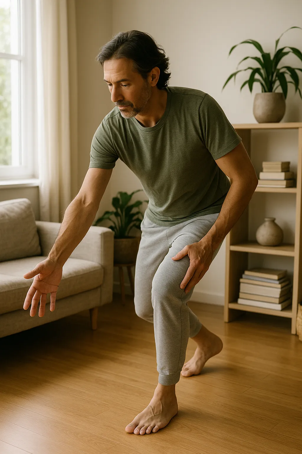 Adult moving through daily tasks with awareness bending, reaching, walking