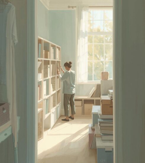Calm painterly style image of woman calmly decluttering in a well organised room