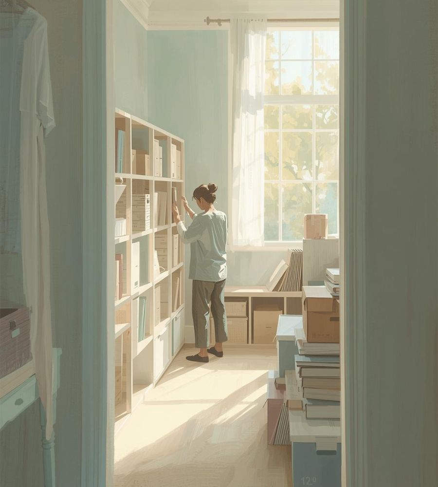 Calm painterly style image of woman calmly decluttering in a well organised room