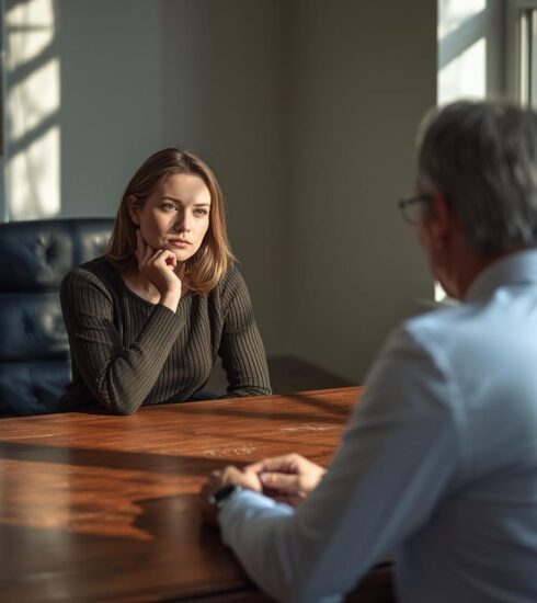 Thoughtful woman sitting across wooden desk from medical doctor