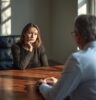 Thoughtful woman sitting across wooden desk from medical doctor