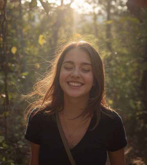 young woman, smiling, enjoying walk in nature, sundappled, enjoying the moment