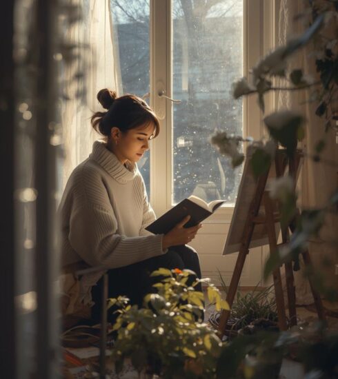 young woman, sitting by window, with easel and plants, she is relaxed and reading a book