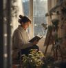 young woman, sitting by window, with easel and plants, she is relaxed and reading a book