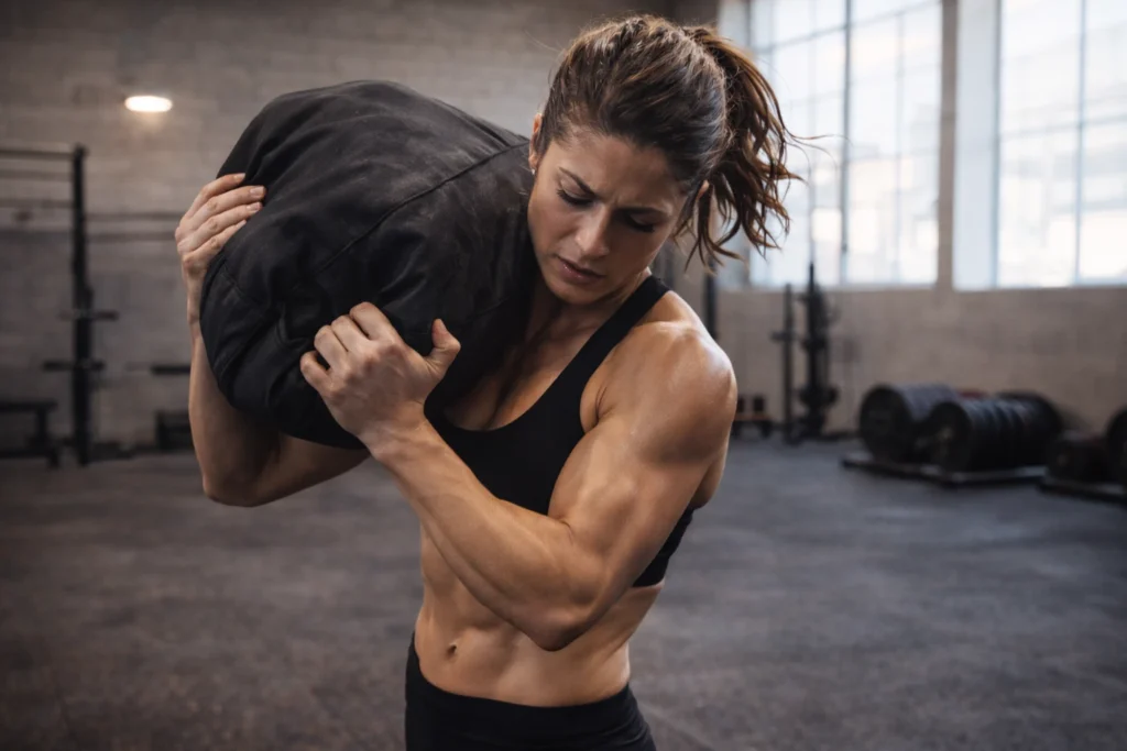 Athlete lifting or shouldering a sandbag in a functional gym setting