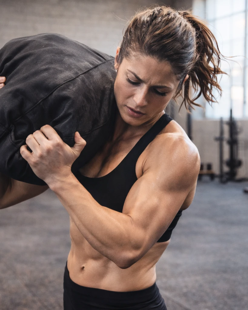 Athlete shouldering a sandbag
