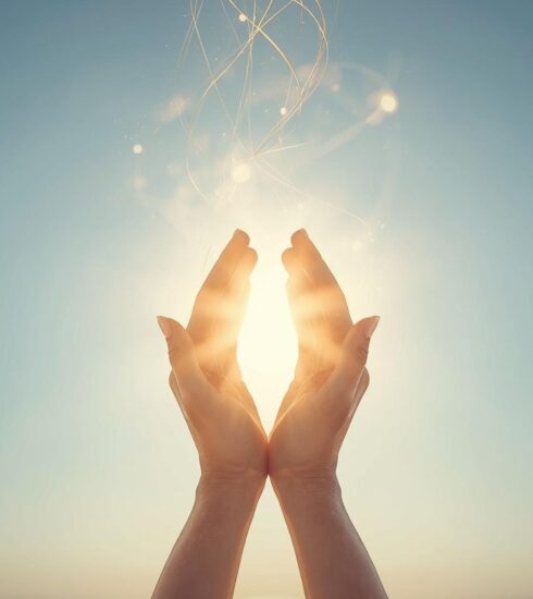 Hands held together with light emanating from the palms upwards