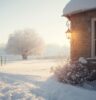 Snow dusted countryside, daytime winter sunlight filters through. Corner of country cottage holds a lamp emanating warm light.