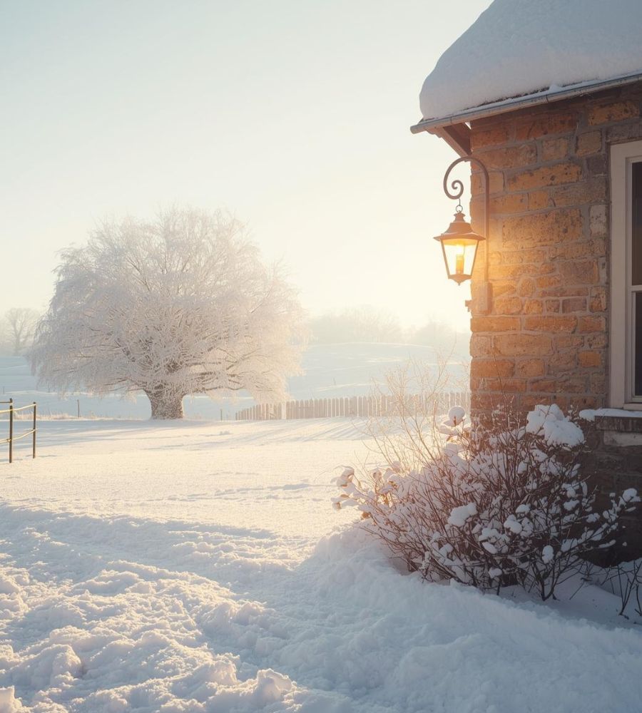 Snow dusted countryside, daytime winter sunlight filters through. Corner of country cottage holds a lamp emanating warm light.