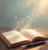An open book, with creamy white blank pages, and pen beside it suggesting new chapters to be written. There are motes of golden light rising up from the blank pages, suggesting inspiration