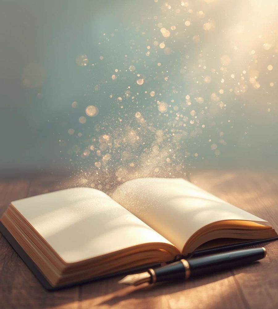 An open book, with creamy white blank pages, and pen beside it suggesting new chapters to be written. There are motes of golden light rising up from the blank pages, suggesting inspiration