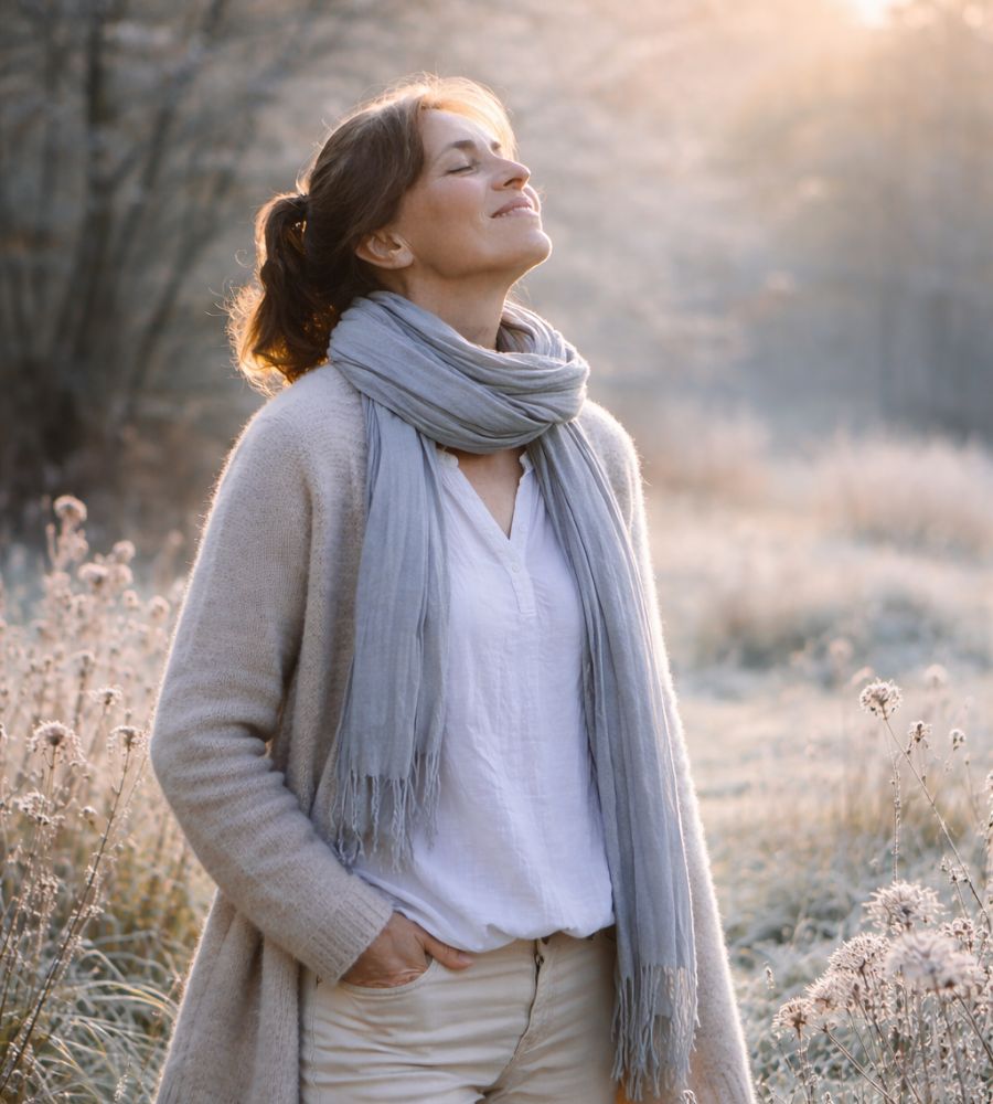 Contented looking lady, standing outside in nature, raising her face to the wintery sun