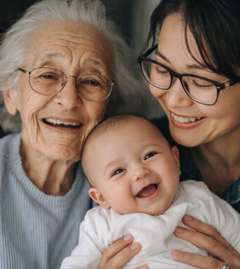 Elderly lady, a mother, and a baby, all happy and smiling together
