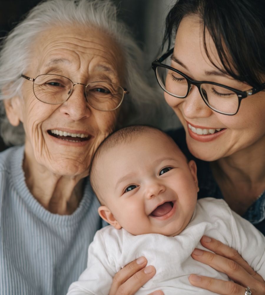 Elderly lady, a mother, and a baby, all happy and smiling together